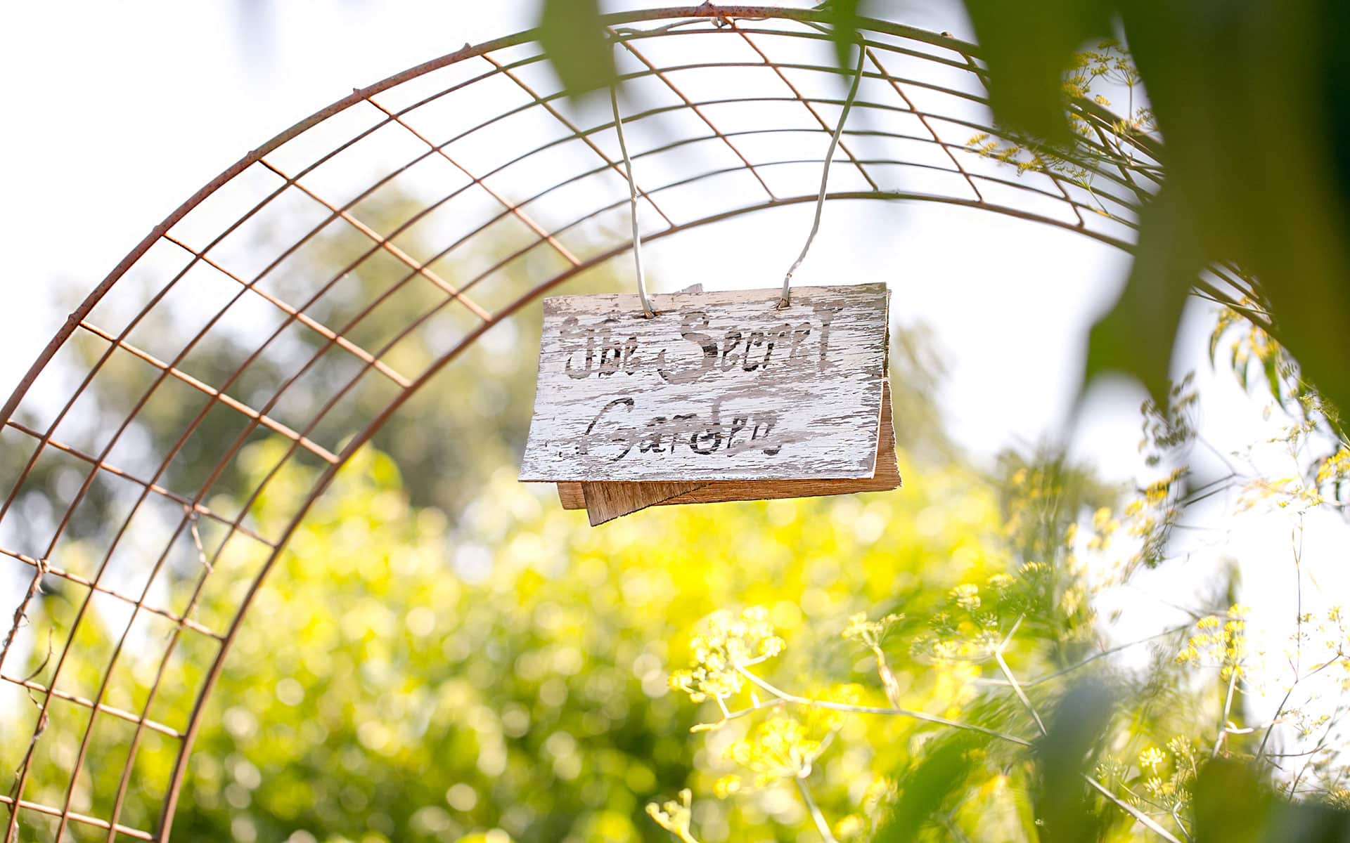 Rustic wooden sign marks the entrance to the Hill Family Secret Garden Tour in Yountville, Napa Valley.