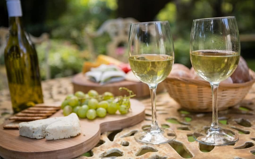 wine glasses on picnic blanket