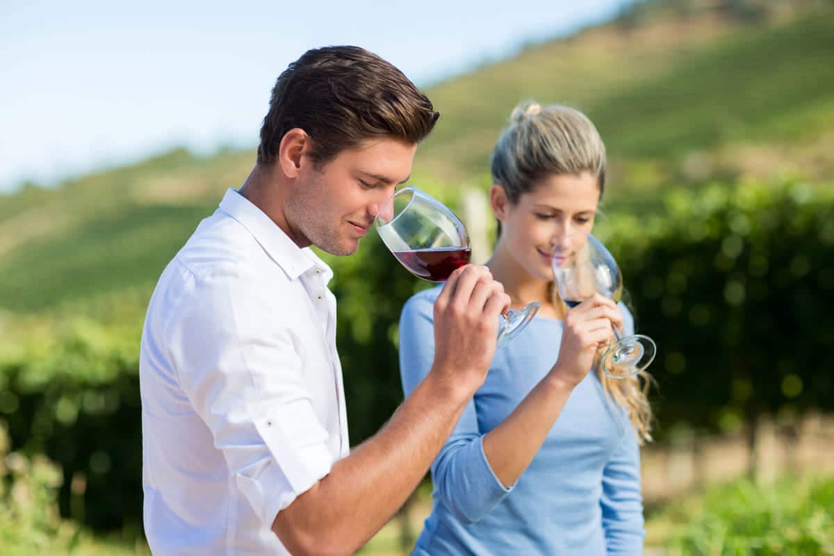 couple smelling wine in a vineyard