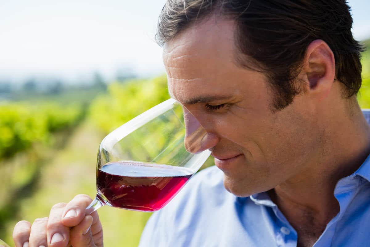 guy smelling wine in glass