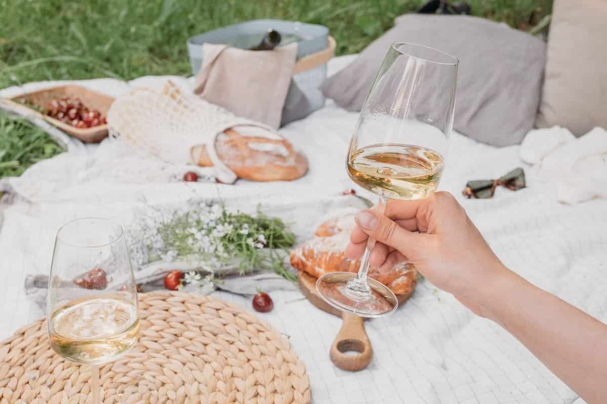 Rustic picnic with wine and croissants, aesthetic picnic. Summer food