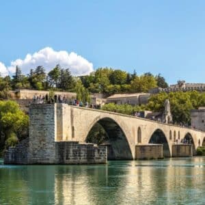 river cruise scenery with bridge and river in front of village