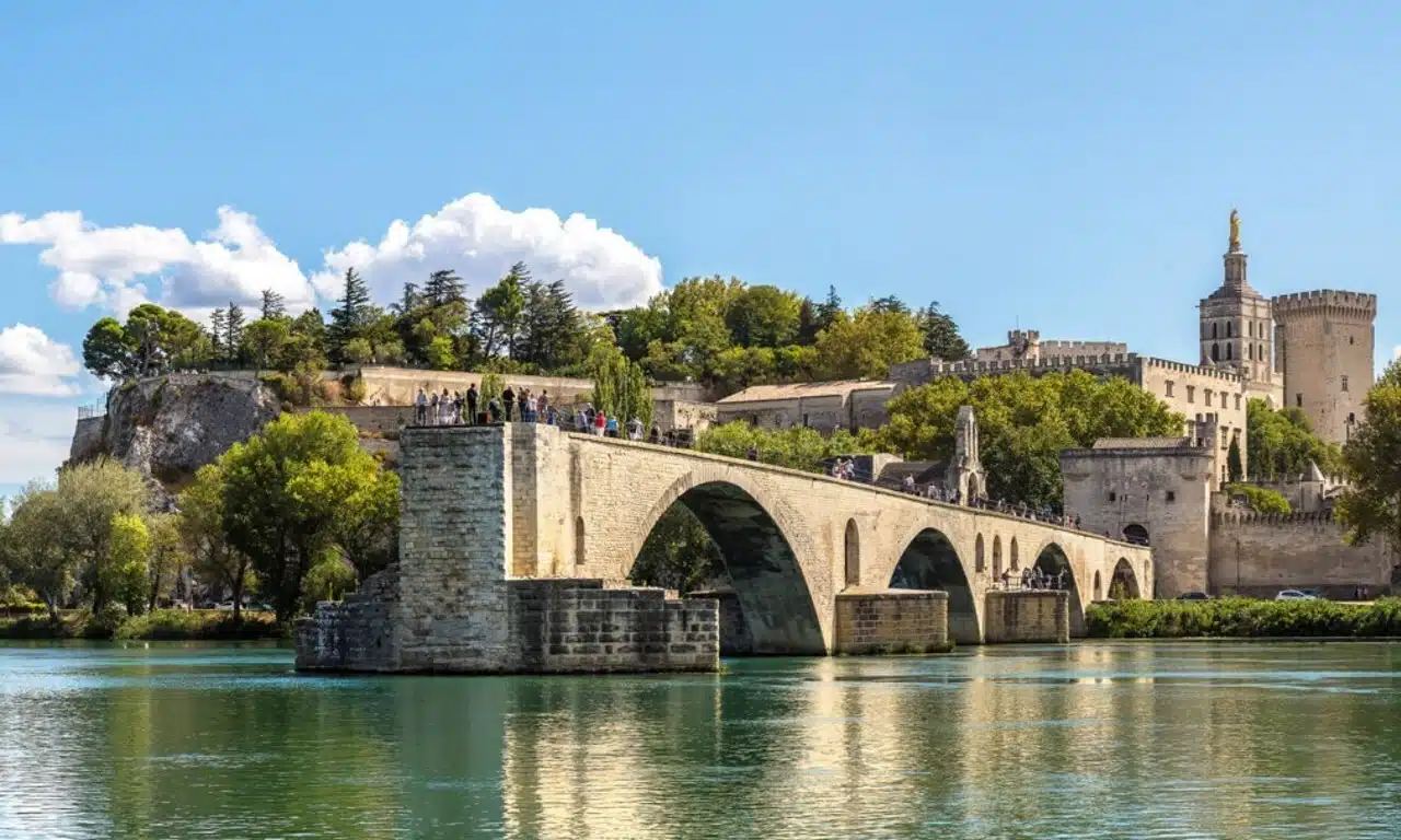 river cruise scenery with bridge and river in front of village