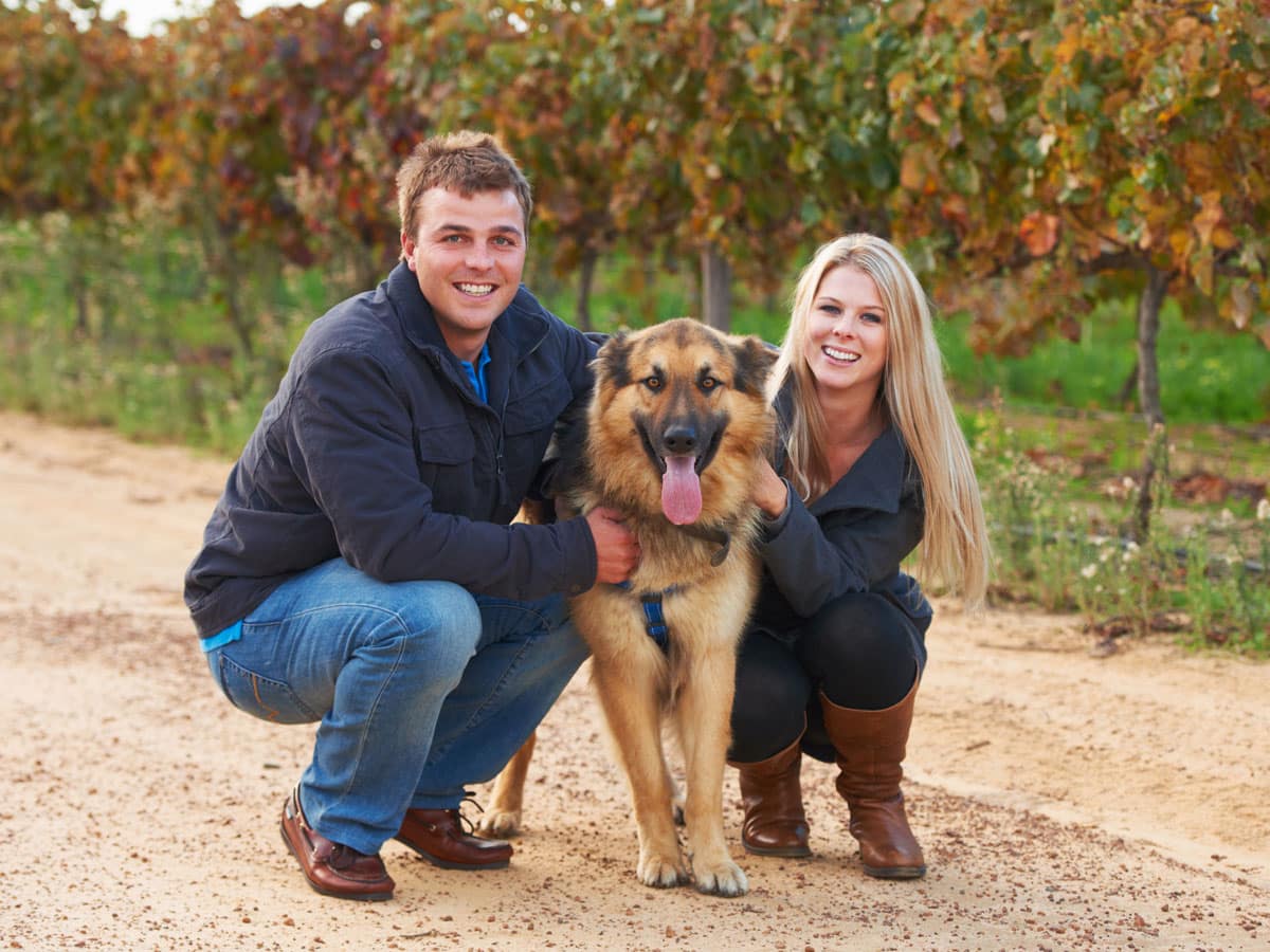 Portrait of a young couple with their pet dog on a wine tour.